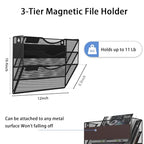 3-Tier Magnetic File Holder, No Drilling Installation File Cabinet Organizer, Black Magnetic File Organizer, Magazine Rack, Magnetic Paper Holder for Refrigerator, File Cabinets, Whiteboard