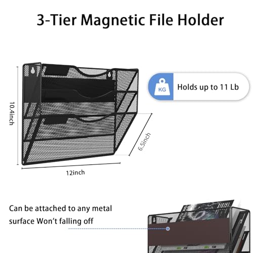 3-Tier Magnetic File Holder, No Drilling Installation File Cabinet Organizer, Black Magnetic File Organizer, Magazine Rack, Magnetic Paper Holder for Refrigerator, File Cabinets, Whiteboard