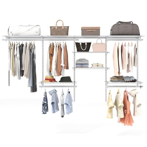 Giantex Closet Organizer System, Wall-mounted Custom Closet Kit w/Adjustable Storage Shelves, Wardrobe Clothes Rack w/Hanging Rods, Perfect for Coats, Pillows, Blanket (White, 98.5"x13.5"x48) - color: White, size: 98.5"x13.5"x48