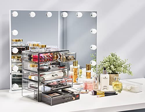 Sorbus Acrylic Makeup Organizer Set, 6-Drawer Vanity & Countertop Cosmetic Storage with Small & Wide Drawers, Black Jewel Makeup Storage for Brushes, Lipsticks, Jewelry, Holiday Gift for Women & Teens - color: Black Jewel, style: 4 Large, 2 Small Drawers