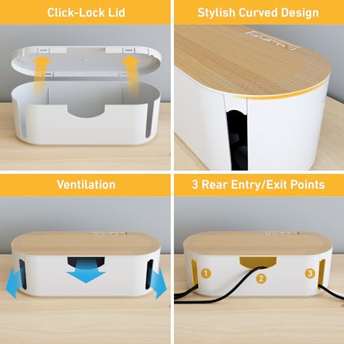 D-Line Cable Management Box, Power Strip Holder, Floor Outlet Hiders, Desk Cord Organizer, Cover TV Wires, Wire Storage, Extension Hider, Office Concealer for Cords - Small, Wood-Effect Lid - color: Wood-Effect Lid, size: Small
