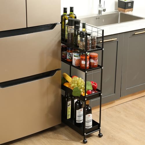 KINGRACK Slim Rolling Storage Cart 4 Tier - Heavy Duty Metal Utility Cart with Raised Edge & Wheels, Narrow Mobile Organizer Shelves for Bathroom, Kitchen, Laundry, Office, Living Room, Black - color: Black, size: 4-Tier