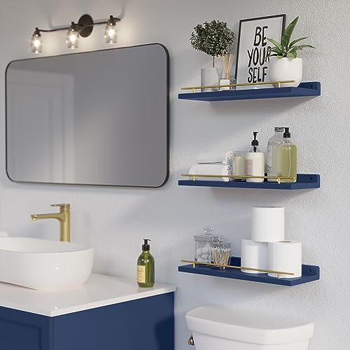 WOPITUES Floating Shelves with Gold Metal Guardrail, Shelves for Wall Decor Set of 3, Wall Shelves for Bedroom, Bathroom, Kitchen, Living Room, Plants, Picture Frames, Art- Gold in Navy Blue - color: Gold in Navy Blue, size: 15.7 inch