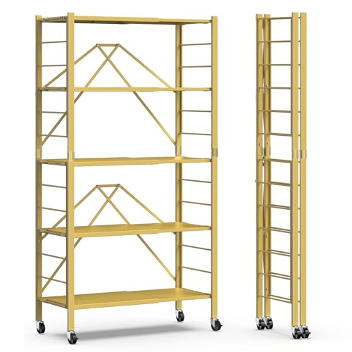 5 Tier Foldable Storage Shelves, Expandable Folding Shelving Units with Wheels, Changeable into 2 Shelf Units, Collapsible Adjustable Storage Rack Metal Shelves for Storage, Pantry, Garage, Gold - color: Gold, size: 5-Tier