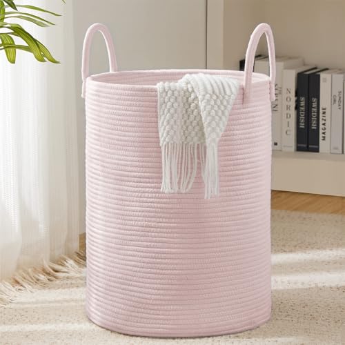 YOUDENOVA Laundry Hamper Basket, Woven 58L Tall Laundry Basket for Blanket Organizer- Nursery Hamper for Bedroom And Bathroom Storage - color: Light Pink, size: Tall (58L )