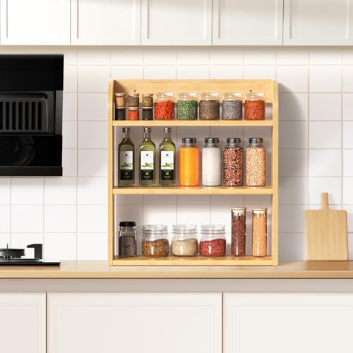 ROMGUAR CRAFT 3 Tier Bamboo Spice Rack, Countertop or Wall Mounting Wood Spice Jars Organizer Shelf for Kitche, Pantry (Natural) - color: Natural, size: 3 Tier
