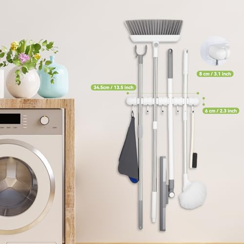 OTraki Broom Holder Wall Mount, No Drill Mop and Broom Organizer with 4 Slots and 5 Hooks, Garden Tool Hanger for Laundry Room Closet Kitchen Garage Storage and Organization
