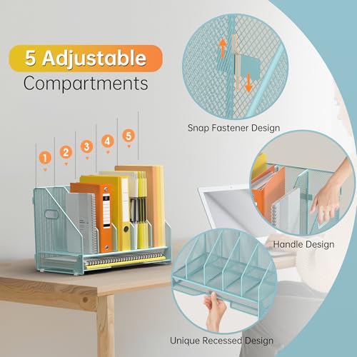 Docnest Desk File Holder Sorter, 5 Vertical Compartments Rack with Letter Tray, Mesh Magazine File Holder with Handle,Workspace Organizers,Desk Organizers for Paper, Mail, Documents-Blue - color: Blue-5 Compartments