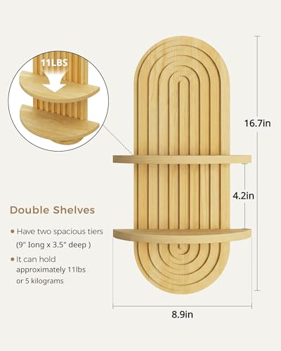 Bamworld Boho Wall Decor Plant Wall Shelf Mid Century Modern Decor Hanging Plant Shelf 2-Tier Wooden Floating Shelves for Home Bathroom Bedroom Living Room Office Holding Planter Decoration Natural - color: Natural, size: 16.7'' -1 Pcs