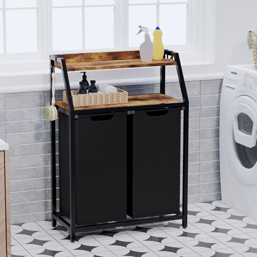 Timberer Laundry Hamper, Laundry Sorter 2 Section, Rolling Laundry Basket with Wheels, 2 Shelves, 2 × 14.5 Gal, Pull-Out and Removable Oxford Fabric Bags, for Laundry Room,Black and Rustic Brown - color: Black + Rustic Brown, size: 2 Bags (27.5"L x 12.9"W