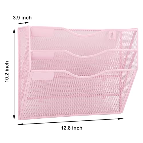 EASEPRES 3 Pocket Mesh Hanging Wall File Organizer, Wall Mounted Mail Paper Document Folder Holder, Clipboard Storage Organization Magazine Rack with Nametag Label for Office Home School, Pink - color: Pink, size: 3 Tier