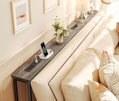 SUPERJARE 78.8 Inch Narrow Console Table with Outlet, Sofa Tables, Behind Couch Table, Long Entryway Tables with Charging Station, for Living Room, Charcoal Gray - color: Charcoal Gray, size: 5.7''D x 78.7''W x 29.7''H