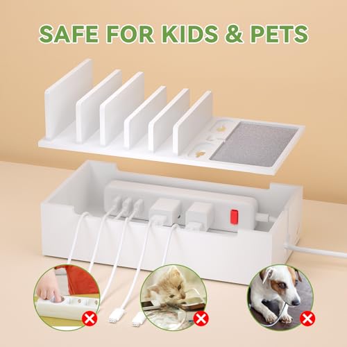 Pezin & Hulin Multi Charger Station Organizer Rack, Bamboo Cable Management Box, Power Strips and Cord Hider, Nightstand Device Organizer (Include 6 Cables)(No Power Charging Supply) -White - color: White (No Charger)