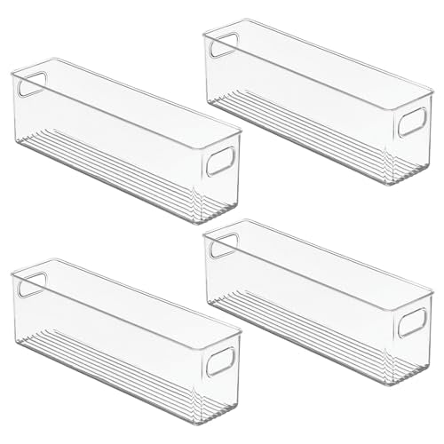 mDesign Plastic Bathroom Storage Container Bins w/ Handles - Closet, Cabinet, Vanity, Cupboard Shelf Organization, Hair Tools Accessory Organizer - Ligne Collection; Clear, 15.4x3.75x4.75 (Pack of 4) - size: 15.4 x 3.75 x 4.75 (Pack of 4)