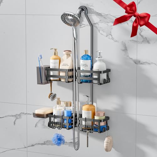 GAOKASE Aluminum Shower Caddy Hanging, Never Rust Shower Organizer- 4 Levels with adjustable Height 10 Hooks for Razor/Sponge - Rack with Soap Basket (Black-1) - color: Black-1