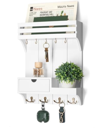 Rebee Vision Decorative Key Holder Wall Mount for Home Decor - Stylish Mail Organizer with 9 Key Hooks and Mini Drawer Organizer for Apartment Essentials - Room Decor Aesthetic (White) - color: White, style: Small Drawer