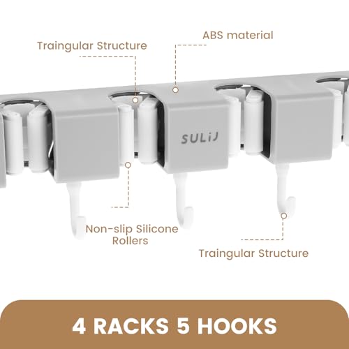 3PCS Broom Holder Wall Mount, No-Drilling Self-Adhesive Mop and Broom Storage Rack (4 Racks with 5 Hooks),Wall-Mounted Broom Hanger for Bathroom, Kitchen, Closet, Garage (Gray) - color: Gray