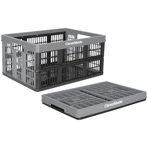 CleverMade Collapsible Utility Crate, Stone, 1PK - 32L (8 Gal) Collapsible Storage Bins, Holds 40lbs Per Bin - Plastic Stackable Grated Wall Utility Containers, CleverCrates Baskets
