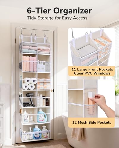 ULG Over the Door Organizer, 6-Tier Hanging Storage with Clear Windows, 19 Pockets for Closet,Bathroom & Nursery Door Organizer - color: Beige, size: 1 Pack-Extra Large 6 Tier