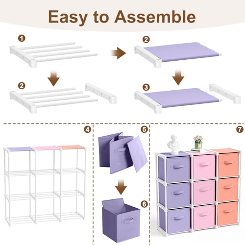 Briwooody 9 Cube Storage Organizer Bins with Shelf 11'' Toy Storage Box Back to School Dorm Organizers Fabric Unit for Playroom Book (Pink,Purple,Orange) - color: Pink,Purple,Orange