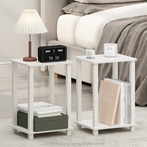 Furinno Simplistic Night Stand Set of 2, 2-Tier Small Nightstand with Open Shelf, Toolless Bedside Table, End Table, Side Table, for Bedroom, Closet, Dorm, White - color: White/White, size: 2-Tier, Square Tubes, style: 2-Pack
