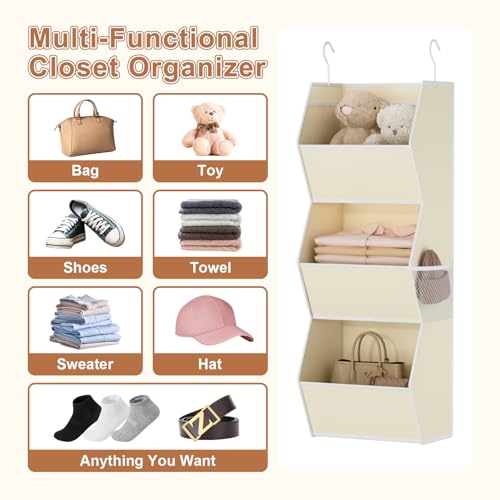 Hanging Closet Organizer 3 Shelf Collapsible Fabric Closet Organizers and Storage Hanging with Mesh Pocket for Clothes, Hanging Wardrobe Organizers and Storage for Sweater T-Shirt Shoes Toys, Beige - color: Beige-1 Pack, size: 3-shelf