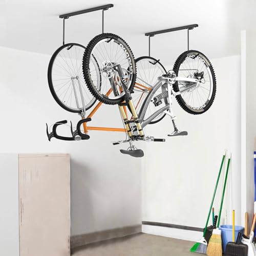 WALMANN Ceiling Mounted Bike Rack for Garage, Space-Saving Ceiling Bike Storage for 4 Bikes(Horizontally)/8 Bikes(Vertically), Adjustable Bike Hooks for Road Mountain Bikes - style: Ceiling rack for 4 bikes