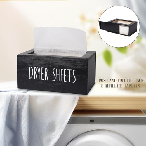 zoocatia Laundry Room Decor Dryer Sheet Container Wood Detergent Dispenser Organization and Storage Box Holder for Laundry Pods, Dryer Balls, Black - color: Black-1
