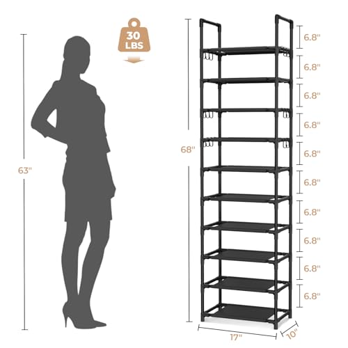 VTRIN 10 Tiers Tall Shoe Rack Holds 20-25 Pairs of Shoes Sturdy Vertical Shoe Organizer with 18pcs Hooks Stackable Narrow Shoe Rack for Closet, Entryway Black - color: Black, size: 17" Wide - 10 Tier