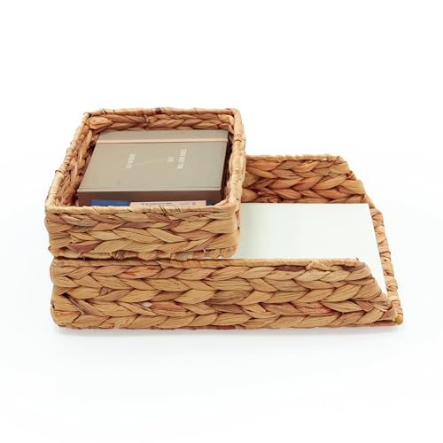 HAMOTOPI Desk Organizer Letter Tray Set of 2, Woven Water Hyacinth Tabletop Desktop for Storage Paper Letter Folders Notebooks Copy Print, Workspace Holder, Keep Stationery Saver