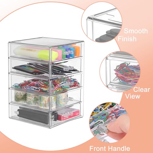 BTSKY Clear Acrylic Storage Organizer with Drawers, 5-Layer Desktop Organizer for Office Essentials, Multi-Purpose Stackable Container for Bathroom Vanity, Desk Makeup Jewelry Container Storage Box - size: 5-layer