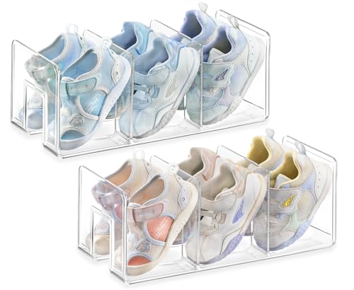 HBlife Widened 4.17 Inch Clear Acrylic Kids Shoe Rack for Closet Organizers and Storage, Small Shoe Rack 3 Sections Toddler Baby Shoe Storage Organizer Shelf, Desk File Book Purse Organizer(2 Pack) - color: Clear, size: 2 Pack(3 Sections Widened)