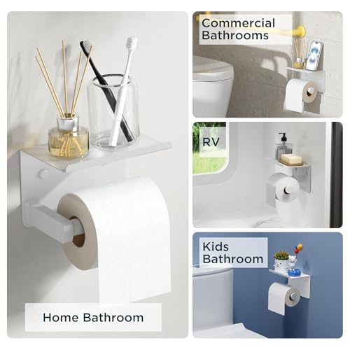 FORIOUS Toilet Paper Holder with Shelf, Adhesive or Screw Wall Mount Toilet Paper Roll Holder for Bathroom, Rustproof 304 Stainless Steel Toilet Roll Tissue Holder Dispenser with Shelf (1, White) - color: White