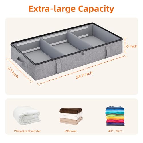 Vailando Storage Containers, 6 Inches Tall 60L Underbed Storage Bins with Dividers & Sturdy Handles & Reinforced Sidewalls, Closet Organizer for Clothes, Blankets, Seasonal Items, Dark Gray, 2-Pack - color: Removable Dividers, size: 6 Inches Tall