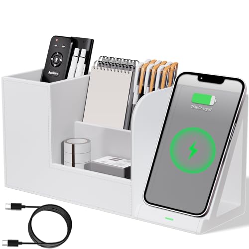 Multi-Functional Pencil Holder for Desk, Desk Organizers and Accessories with 4 Compartments for Office Art Supplies,Desk Phone Stand Charger for Desktop/Counter,Wihte Office Storage for Pens, Keys - color: White, size: L