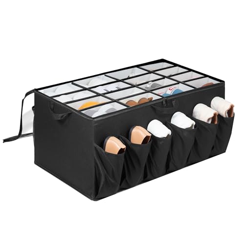 Shoe Organizer for Closet, Shoe Storage Solution with Clear Cover & Adjustable Dividers, Fabric Shoe Box Fits 16 +12 Pairs Shoes, Black, 1-Pack - color: Black, size: 1 Pack Large