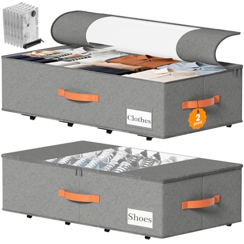 2-Pack Under Bed Storage Bins with Wheels and 6 Vacuum Seal Bags, Heavy Duty 80lbs Capacity, 65L Clear Lid Organizer for Dorm Bedroom Clothes Shoes Toys, Quick Assembly Space Saver (Gray, 7.9'' PLUS) - color: Gray, size: 7.9 inches PLUS