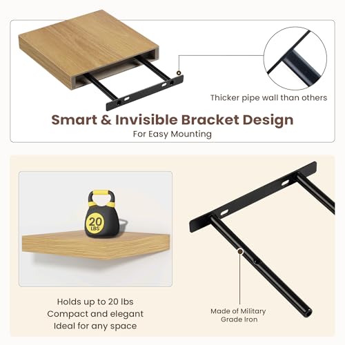Fun Memories Floating Shelves for Wall - 7.5 Inch Square Shelves with Invisible Brackets, Small Wall Shelf for Living Room, Bathroom, Bedroom, and Kitchen Decor Oak Set of 3 - color: Oak, size: 7.5"W x 7.5"D - 3P