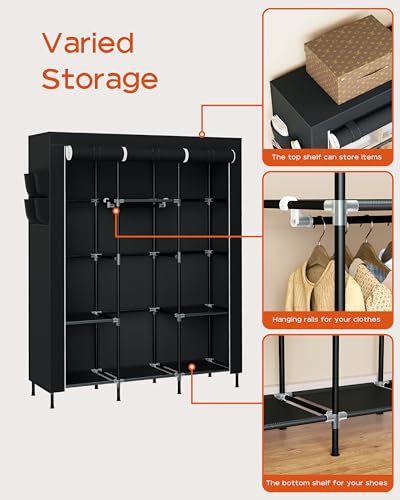 CASAMAYA Portable Closet, 51.2 Inch Large Capacity Wardrobe Closet with Cover, Clothes Storage Organizer with Shelves and 3 Hanging Rods, Easy to Assembly, Black PCT203B01 - size: 51.2"L x 17.7"W x 70.9"H