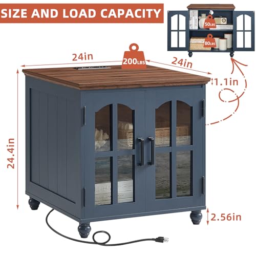 RWYHG Farmhouse End Table with Charging Station,24" Large Sofa Side Table with Glass Barn Door,Rustic Wood Night Stand with Adjustable Storage Shelf,Square Bedside Table for Living Room,Bedroom Office - color: Blue, size: Set 1