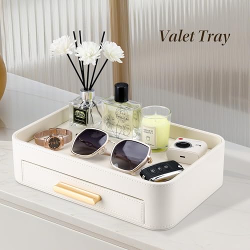 GORESE PU Leather Valet Tray with Drawer, Nightstand Organizer Catch All Tray for Jewelry Perfume Purse Trinket Key Holder, EDC Trays for Desk Vanity Entryway Table, Gift for Women Men, Cream White - color: Cream White