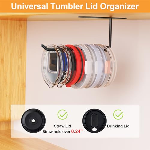 4 Pack Tumbler Lid Organizer, Space Saving Cup Lid Organizer for Yeti/Stanley/Simple Modern Tumbler Lids, Self-Adhesive or Drilling Tumbler Lid Hook for Kitchen Organizers and Storage - color: Black*4
