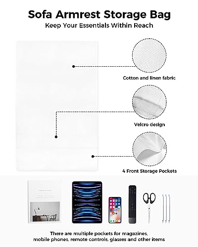 Sofa Armrest Organizer Bedside Caddy, White Non Slip Couch Remote Control Holder for Recliner, Pure White Arm Chair Caddy with Pocket for Magazine, Phone, 19.7''x35'' - size: 19.7x35 in