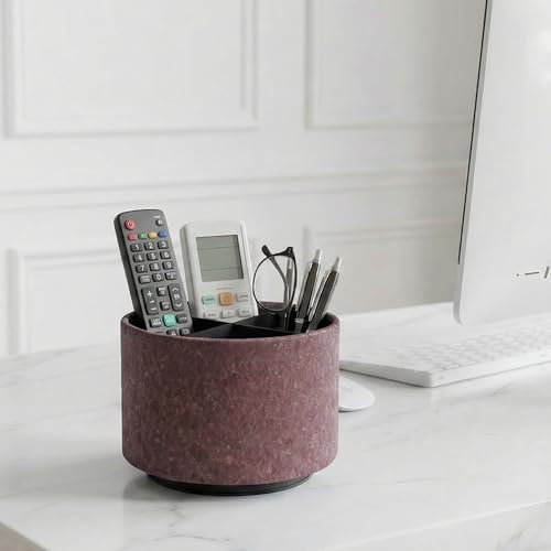 Round Leather Art Supply Organizer,Remote Control Holder,360 Degree Spinning,Multi-Functional Pencil Holder,4 Compartments Desktop Stationary Organizer(1-Soft Red) - color: 1-Soft Red