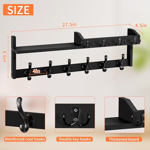 Coat Rack Wall Mount with Shelf, 27.5" Entryway Wall Hanging Shelf, Coat and Key Hanger with 10 Dual Hooks, Mail Organizer and Key Holder Hat Rack for Wall, Wood Coat Hooks with Storage - color: Black