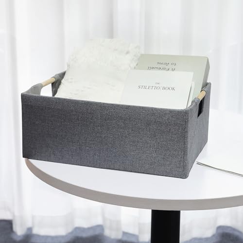 Fabric Storage Bin Box Foldable Collapsible Storage Basket with Wooden Handles Rectangular Cube Decorative Home Nursery Organizer Clothes Blanket Container – Grey, Medium - color: Grey, size: Medium