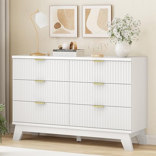 Fluted Dresser for Bedroom with 6 Drawers, 48" Wide Modern Chest of Drawers with Metal Handle, Wooden Dresser TV Stand, Wood Closet Clothes Storage Drawer Organizer for Living Room, Hallway, White - color: White, size: 15.6"D x 47.2"W x 30.5"H (6 Drawers)