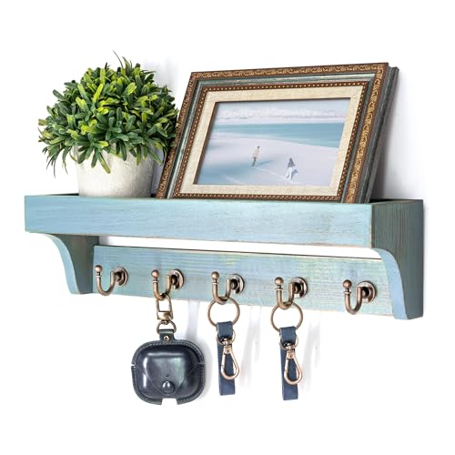 Rebee Vision Farmhouse Pine Wood Key Holder Wall Mount for Home Decor - Rustic Wall Key Holder with Shelf for Home Improvement - Ideal Entryway Organizer in Living Room (Distressed Blue) - color: Distressed Blue