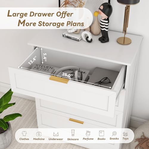 White 4 Drawer Dresser for Bedroom, Tall Bedroom Dresser with Large Drawer & Golden Handles, Wooden Storage Organizer Cabinet Chest of Drawer for Closet, Living Room, Hallway, Children's Room - color: White