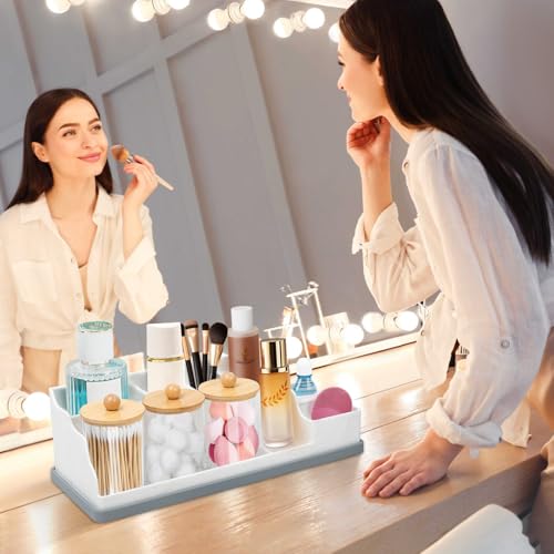 Bathroom Counter Organizer, Large White Silicone Toothbrush Holders for Bathrooms with 3PCS Qtip Holder, Bathroom Organizer Countertop Toothbrush and Toothpaste Holder for Makeup Organizer for Vanity - color: White Grey With 3pcs Dispenser